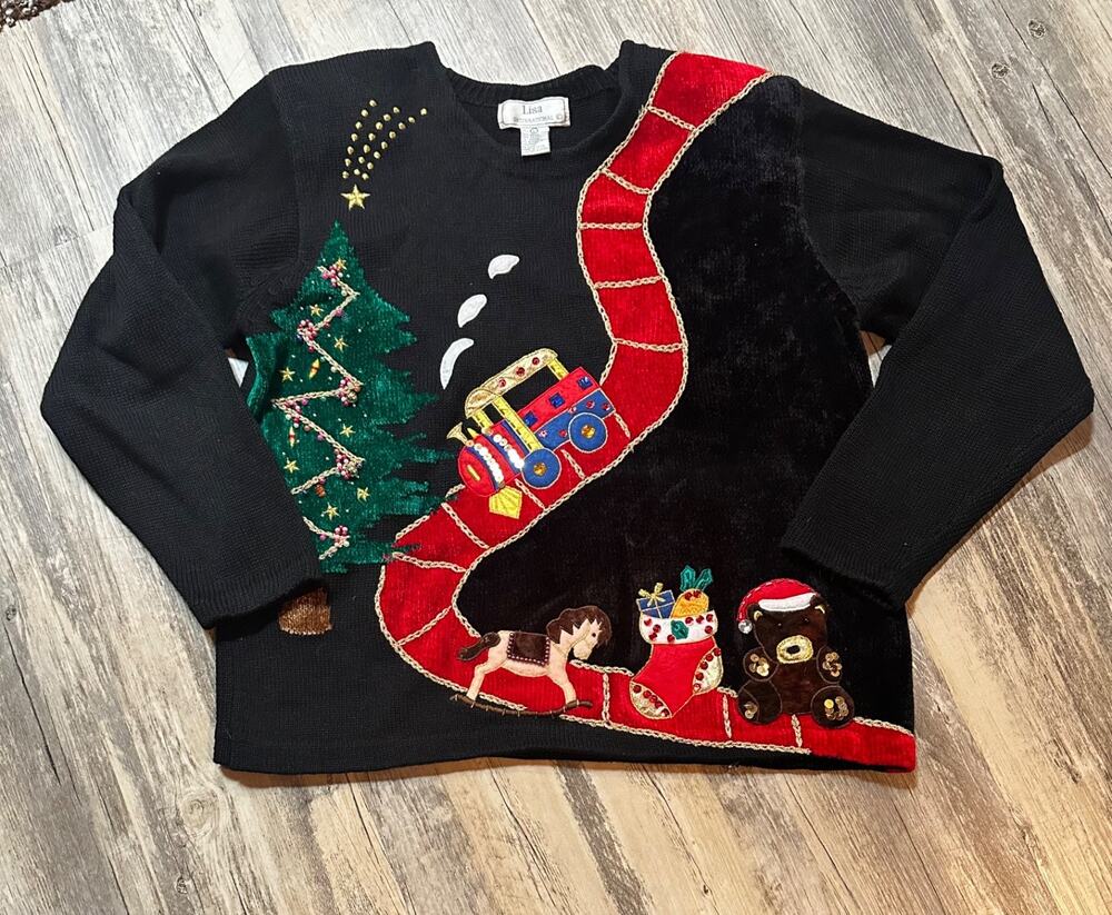 Lisa International Christmas Sweater Train Bear Tree Beaded Sequin Womens Large